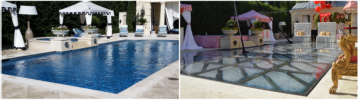 The image on the left is the swimming pool before the event took place. The image on the right is the same pool, after the flush mount pool cover installation was complete.