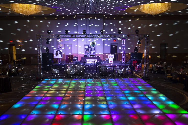 living room with disco ball